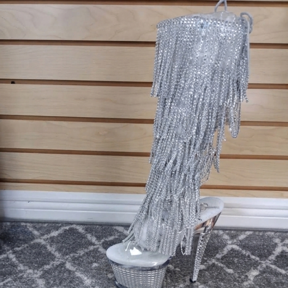 Pleaser Silver Rhinestone Fringe Platform Stiletto Boots